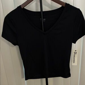 No Boundaries Classic Black V Neck Crop Rib Tee.